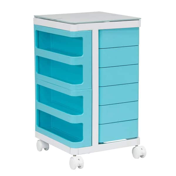 Studio Designs Kubx 14 in. W x 14.5 in. D x 25 in. H Plastic Mobile Storage Cart with Glass Top in Turquoise