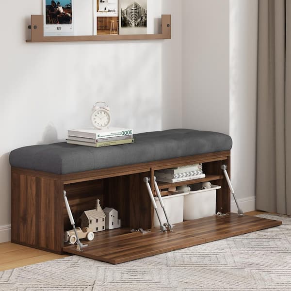 49 in. Shoe Storage Bench with Adjustable Shelves, Padded Seat Cushion and Double Doors, Dark Grey