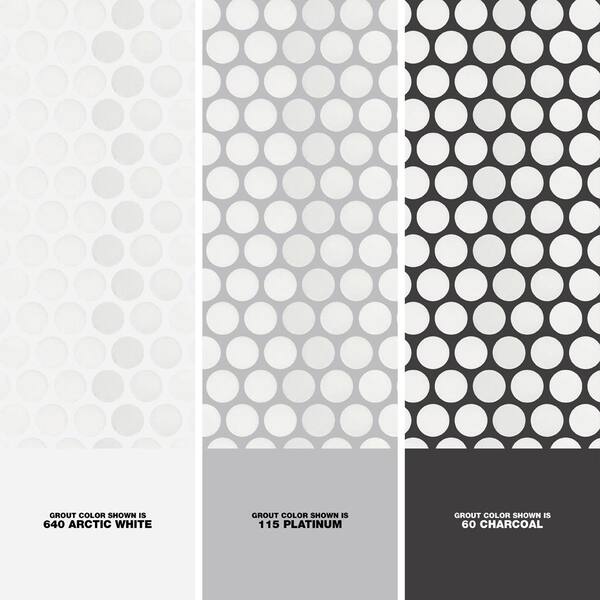Merola Tile Hudson Penny Round Matte White 12 In X 5 8 Mm Porcelain Mosaic 10 74 Sq Ft Case Fkompr10 Merola Tile Hudson Penny Round Matte, White Penny Round Tile Black Grout