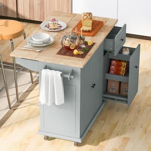 Gray Blue Solid wood Drop Leaf 54 in. Kitchen Island with 3-Tier Pull Out Cabinet Organizer and Internal Storage Rack