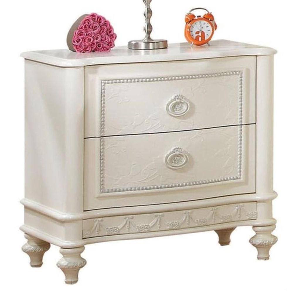 Ivory Pine Wood Nightstand with 2 Drawers and Floral Details