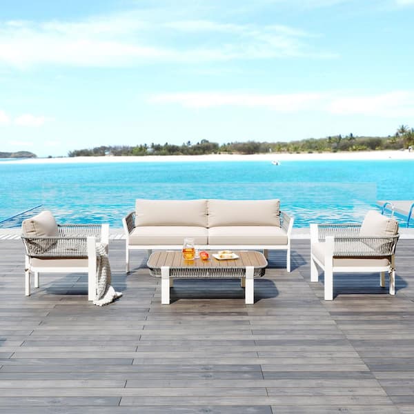 Unbranded 4-Piece Metal Patio Conversation Set with Coffee Table and Soft Waterproof Cushions, Gray Rope and Beige Cushions
