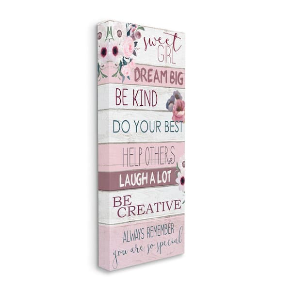 Stupell Industries "Sweet Girl Inspirational Phrases Pink Florals" by Kim Allen Unframed Typography Canvas Wall Art Print 10 in. x 24 in.