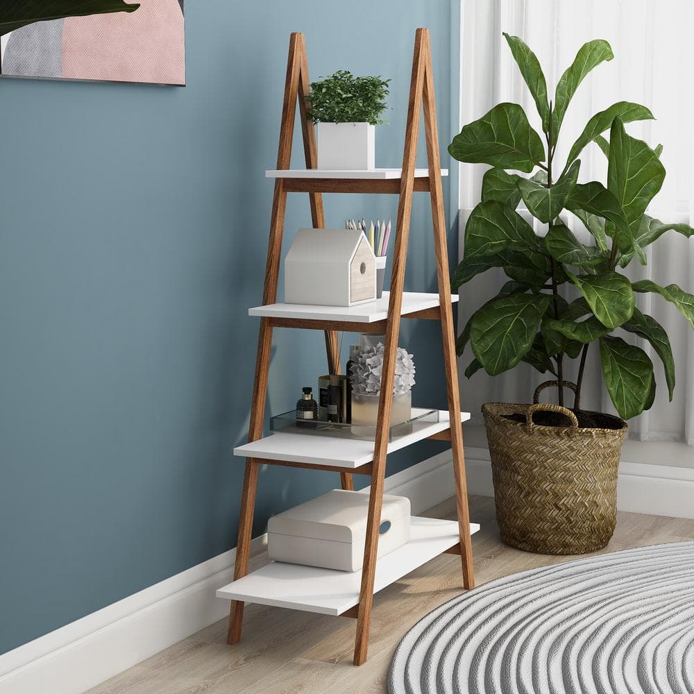 White and Bamboo Wood A-Frame Ladder Shelf