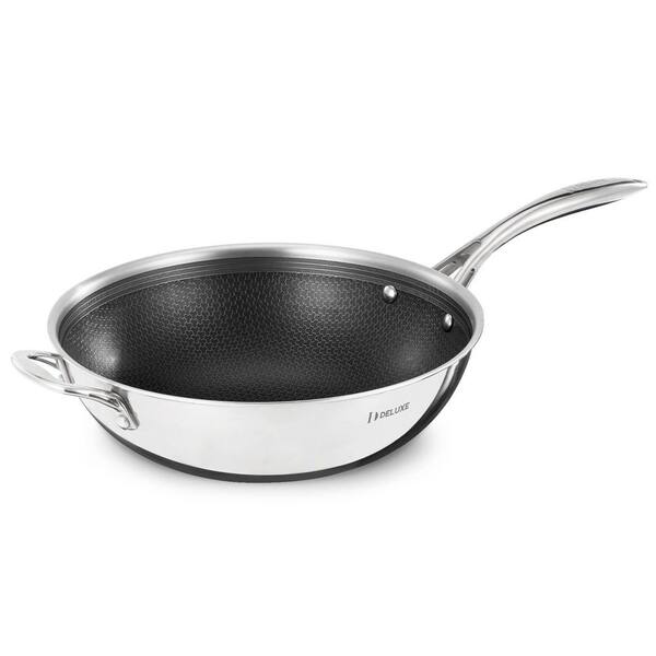 Large 12 in. Silver Stainless Steel Induction Wok, Hybrid Ceramic Nonstick Coating, Scratch Resistant, Stay-Cool Handle