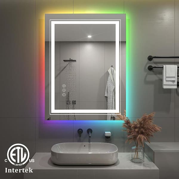 Apmir 28 in. W x 36 in. H Rectangular Frameless RGB Backlit & LED Frontlit Anti-Fog Tempered Glass Wall Bathroom Vanity Mirror