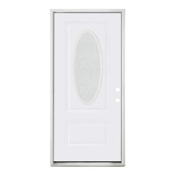 Reliant 36 in. x 80 in. 3/4 Oval Lite Rain Glass LHIS White Primed Fiberglass Prehung Front Door