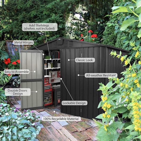 8.2 ft. W x 6.2 ft. D Metal Outdoor Tool Storage Shed with Lockable Double Door for Backyard, Black (45.6 sq. ft.)
