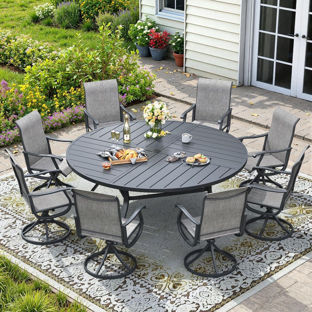 9-Piece Metal Outdoor Patio Dining Set with 59.8 in. Grey Round Dining Table and 8 Grey Textilene Swivel Dining Chairs price history on PriceWatchPro