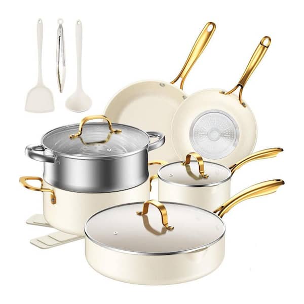 15-Piece Nonstick Diamond Ceramic Coated Cookware Set Gold White Oven Safe Induction Compatible Kitchen
