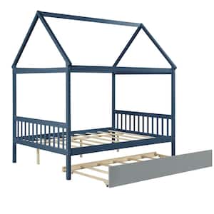 Funny Playhouse Series Blue Full Size House Bed Wood Platform Bed Frame with Roof, Wood Slat Support and Trundle