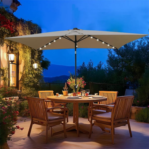 10 ft. x 6.5 ft. Waterproof Steel Market Outdoor Solar Patio Umbrella with Push Button Tilt and Crank in Brown