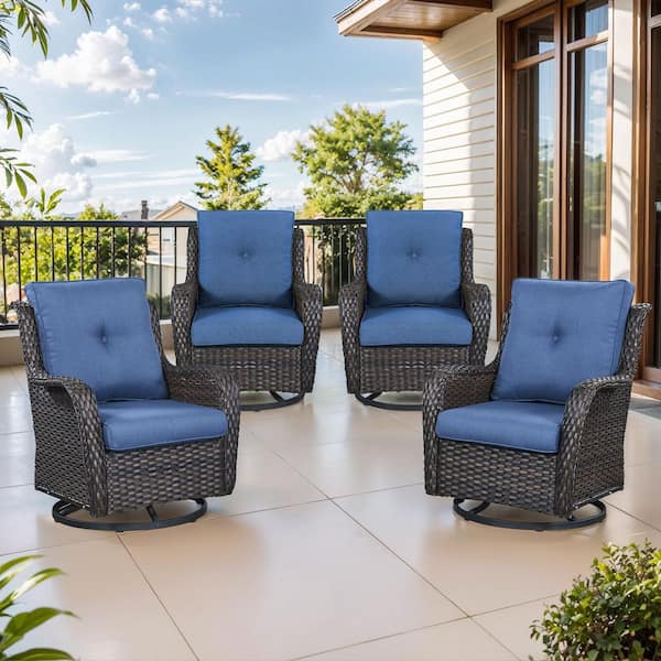 4-Piece Set Outdoor Swivel Brown Wicker Outdoor Rocking Chair with CushionGuard Blue Cushions