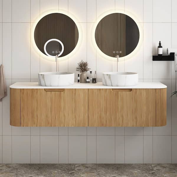 60 in. Wall-Mounted Natural Wood Bath Vanity with White Solid Surface Top Pre-Assembled