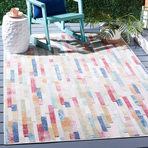 Cabana Red/Aqua/Ivory 7 ft. x 7 ft. High-Low Bricked Indoor/Outdoor Square Area Rug