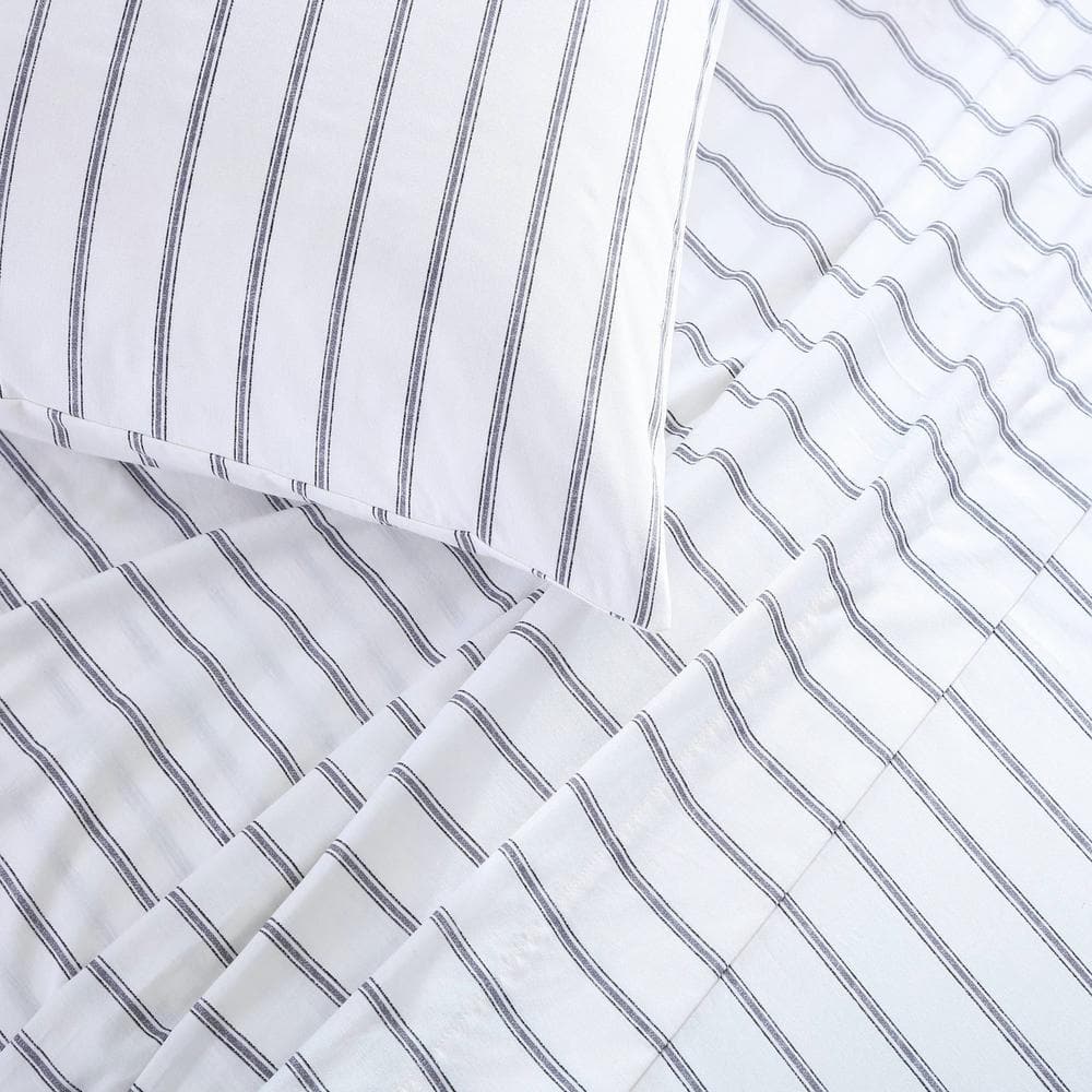Gray and White Striped Cotton Percale Full Sheet Set