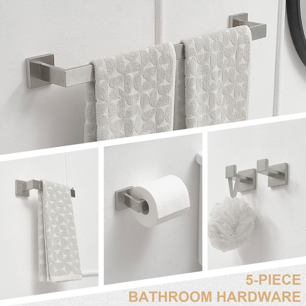 5-Piece Bath Hardware Set with Towel Bar Towel Hook Toilet Paper Holder in Brushed Nickel