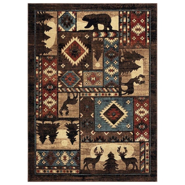5 ft. 2 in. x 7 ft. 2 in. Brown/Red Rectangular Polypropylene Buffalo Bear Rustic Area Rug