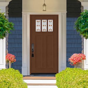 Regency 36 in. x 80 in. 3Lite Amber Ton Deco Glass RHIS Chestnut Stain Fir Grain Fiberglass Prehung Front Door