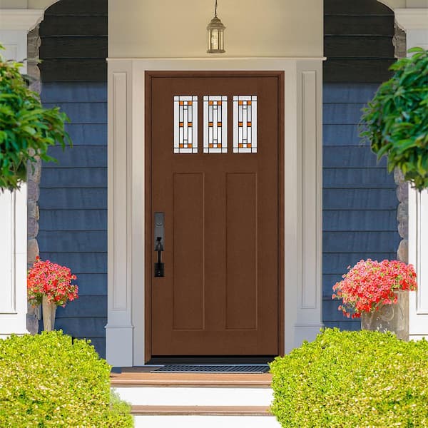 Regency 36 in. x 80 in. 3-Lite Amber Ton Deco Glass RHIS Chestnut Stain Fir Grain Fiberglass Prehung Front Door