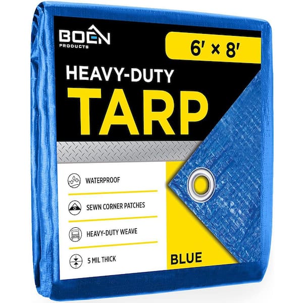 BOEN 6 ft. x 8 ft. Multi-Purpose Blue Poly Tarp Cover 5 Mil Thick Weave Material, Waterproof Material, Waterproof