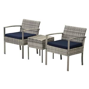 3-Piece Gray Wicker Outdoor Bistro Table with Blue Cushions and 2 Chairs for Backyard, Poolside, Garden