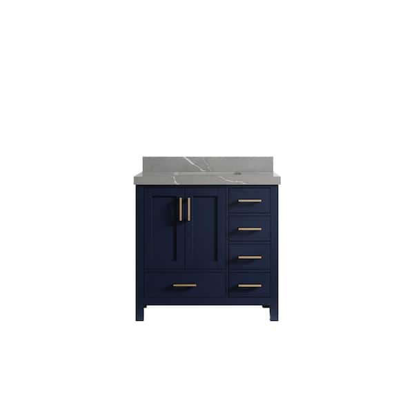 Willow Collections Malibu 36 in. W x 22 in. D x 36 in. H Single Sink Bath Vanity Center in Navy Blue with 2 in. Piatra Quartz Top