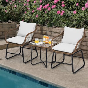 18.5 in. Brown 3-Piece Patio Wicker Square Outdoor Bistro Set with White Cushions