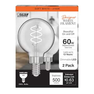 60-Watt Equivalent G16.5 Double Spiral White Thin Filament Clear E12 Candelabra LED Light Bulb, Soft White 2700K(2-Pack)