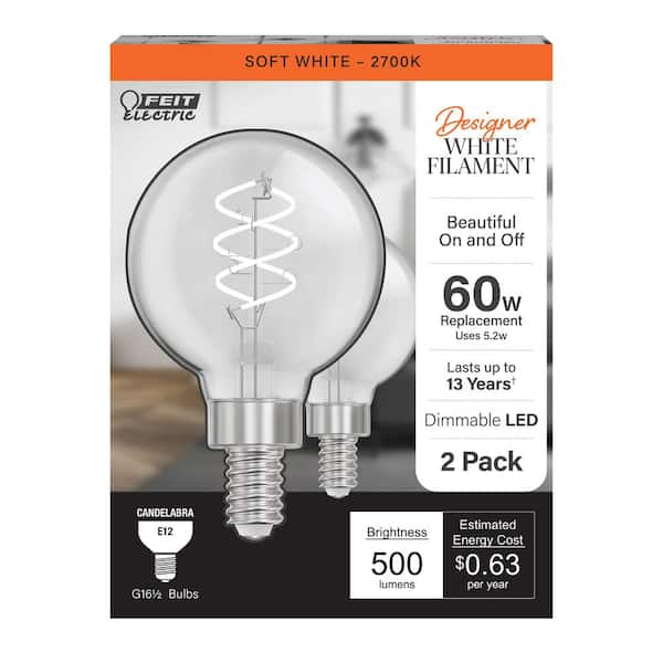 Feit Electric 60-Watt Equivalent G16.5 Double Spiral White Thin Filament Clear E12 Candelabra LED Light Bulb, Soft White 2700K(2-Pack)