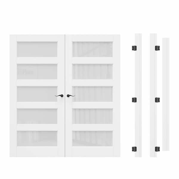 72 in. x 80 in. 5-Lite Frosted Glass Universal White Solid Core Glass Double Prehung French Door + Quick Assemble Jamb