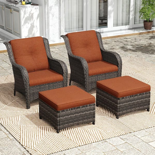 Gardenbee 4-Piece Wicker Outdoor Patio Conversation Lounge Chair Set with Orange Cushions and Ottomans