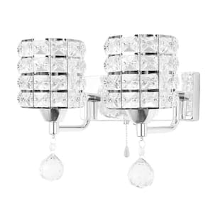 2-Light 9 in. Silver Wall Sconce-Light with Crystal Glass Shade