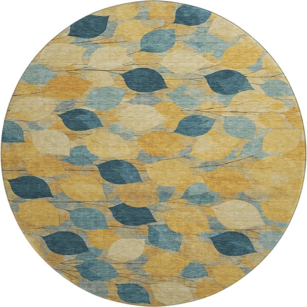 Mayfield Premium Machine Washable Abstract AMF2444 Gold 8 ft. x 8 ft. Round Rug