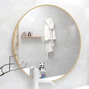 28 in. W x 28 in. H Round Metal Framed Wall-Mounted Bathroom Vanity Mirror in Gold