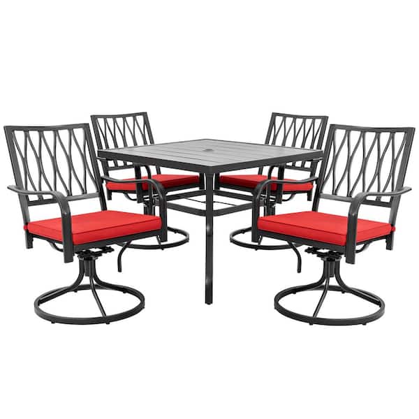 Black 5-Piece Metal Square Outdoor Dining Set with Red Cushions and 1.57 in. Umbrella Hole, Swivel Design