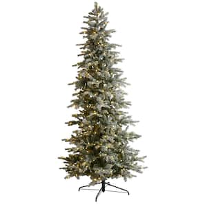 8.5 ft. Slim Flocked Nova Scotia Spruce Artificial Christmas Tree w/500 Warm White LED Lights & 1061 Bendable Branches
