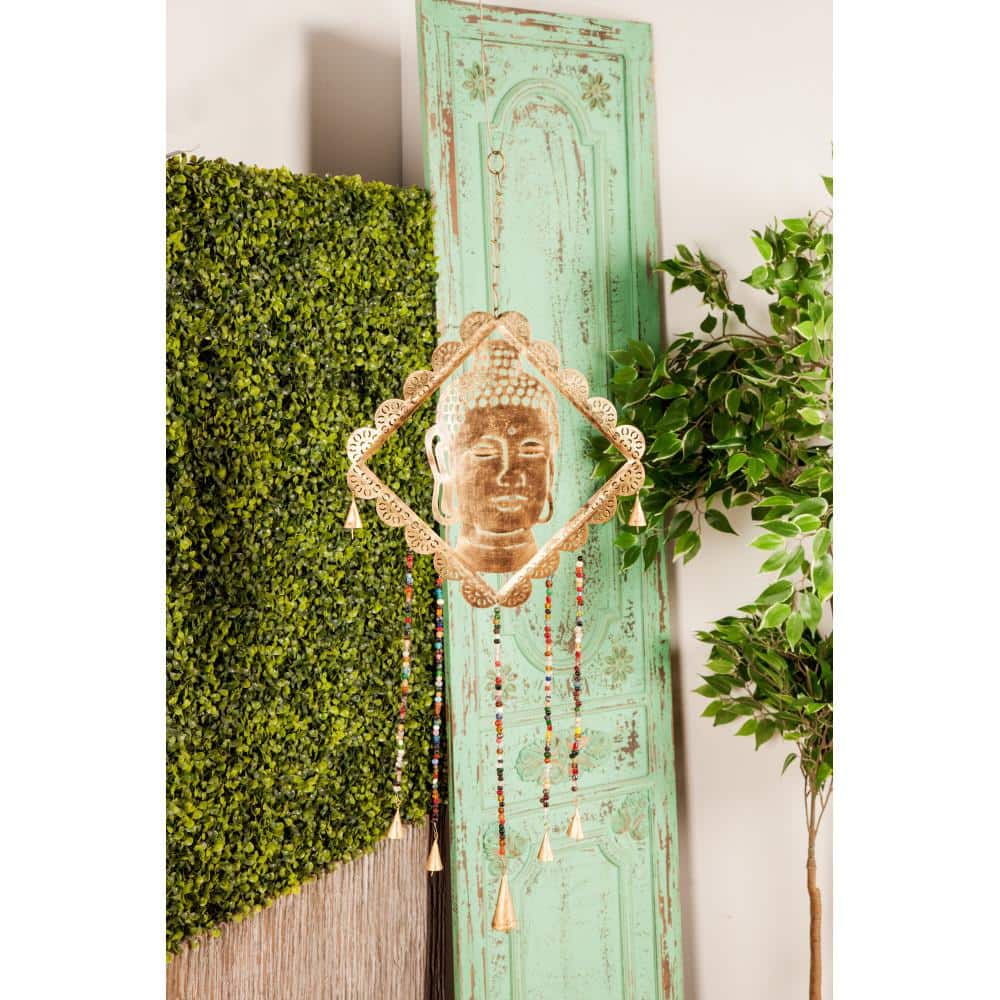 Gold Metal Buddha Windchime with Glass Beads and Cone Bells