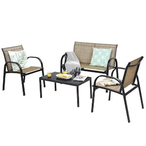 Brown 4-Piece Metal Patio Conversation Set with Glass Top Coffee Table