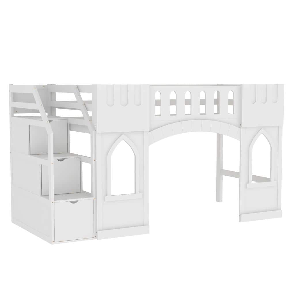 White Twin Metal Loft Bed with Storage Staircase and Window price history on PriceWatchPro