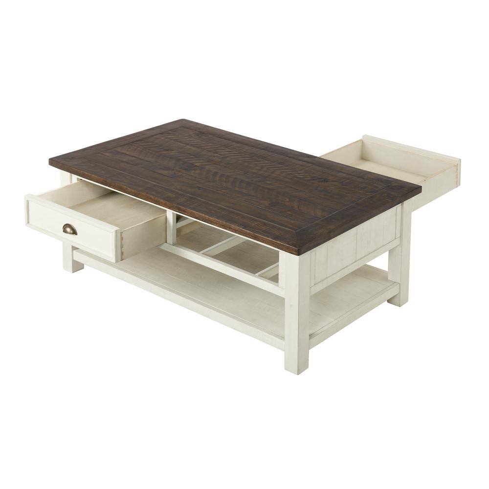 Monterey 50" Cream White and Brown Pine Coffee Table with Storage