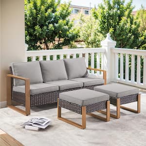 Allcot Brown 4-Piece Wicker Patio Couch Outdoor Sectional Sofa Set with Deep Seating and Gray Cushionswith Ottomans