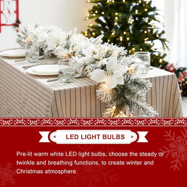 Glitzhome 6 ft. L PreLit Flocked Greenery Pine White Poinsettia