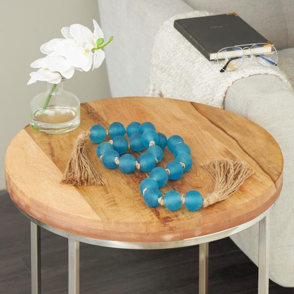 Litton Lane Teal Handmade Glass Round Frosted Beaded Garland with Tassel with Knotted Brown Jute