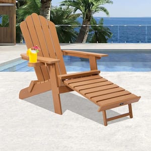 Outdoor Patio Weather-Resistant Composite Adirondack Chair with Pullout Ottoman and Cup Holder in Brown