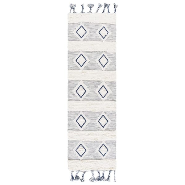Natura 2 ft. x 8 ft. Ivory/Blue Diamond Striped Flokati Runner Rug