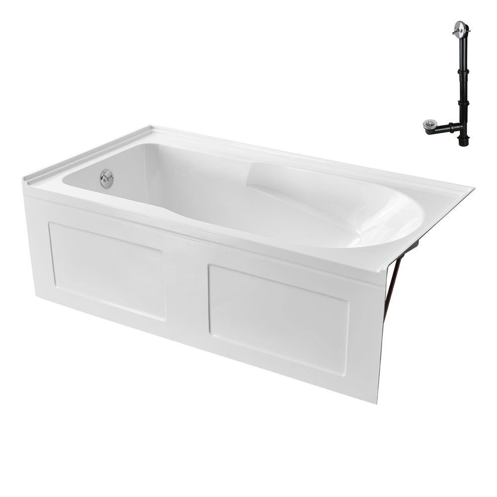 Glossy White Acrylic Rectangular Alcove Bathtub with Chrome Drain