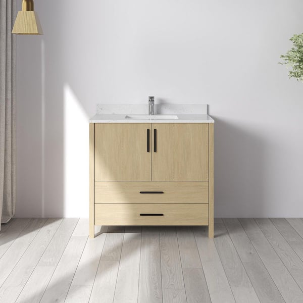 Nodus 36 in. W x 22 in. D x 34 in. H Single Sink Freestanding Bath Vanity in Oak with White Carrara Cultured Marble Top