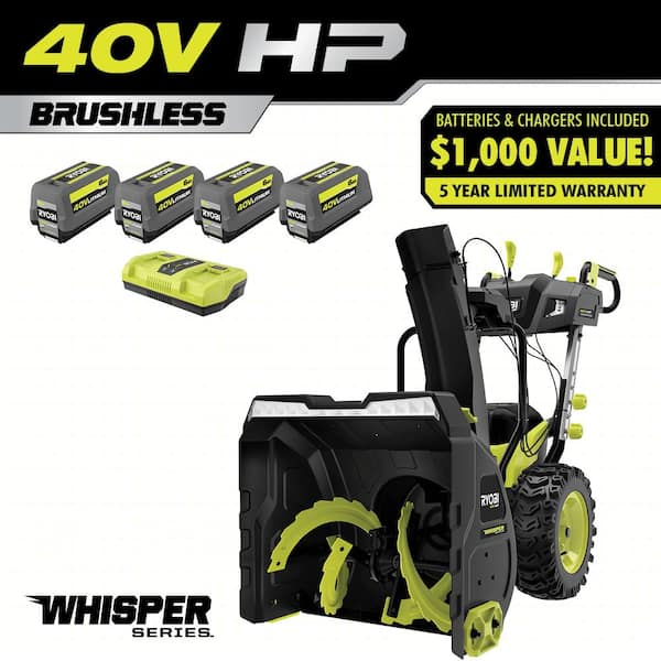 RYOBI 40V HP Brushless Whisper Series 24" 2-Stage Cordless Electric Self-Propelled Snow Blower - (4) 6 Ah Batteries & Charger