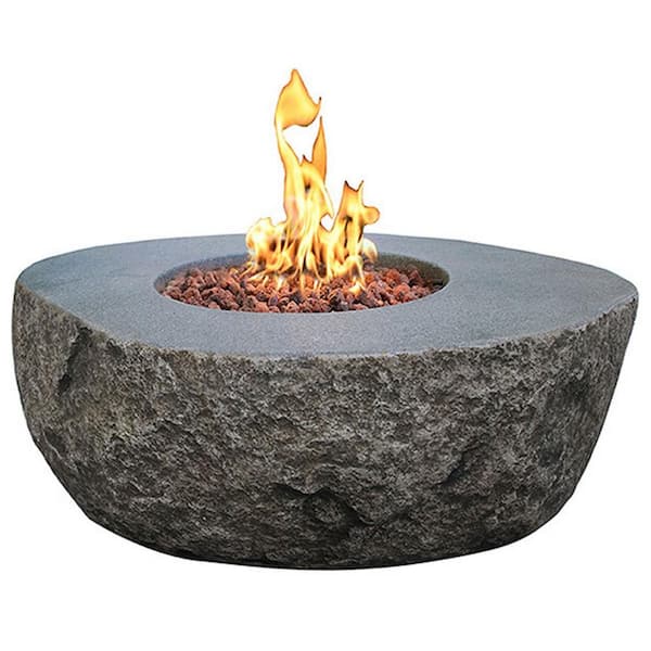 Elementi Boulder 35 in. x 16 in. Round Concrete Natural Gas Fire Pit Table with Burner and Lava Rock